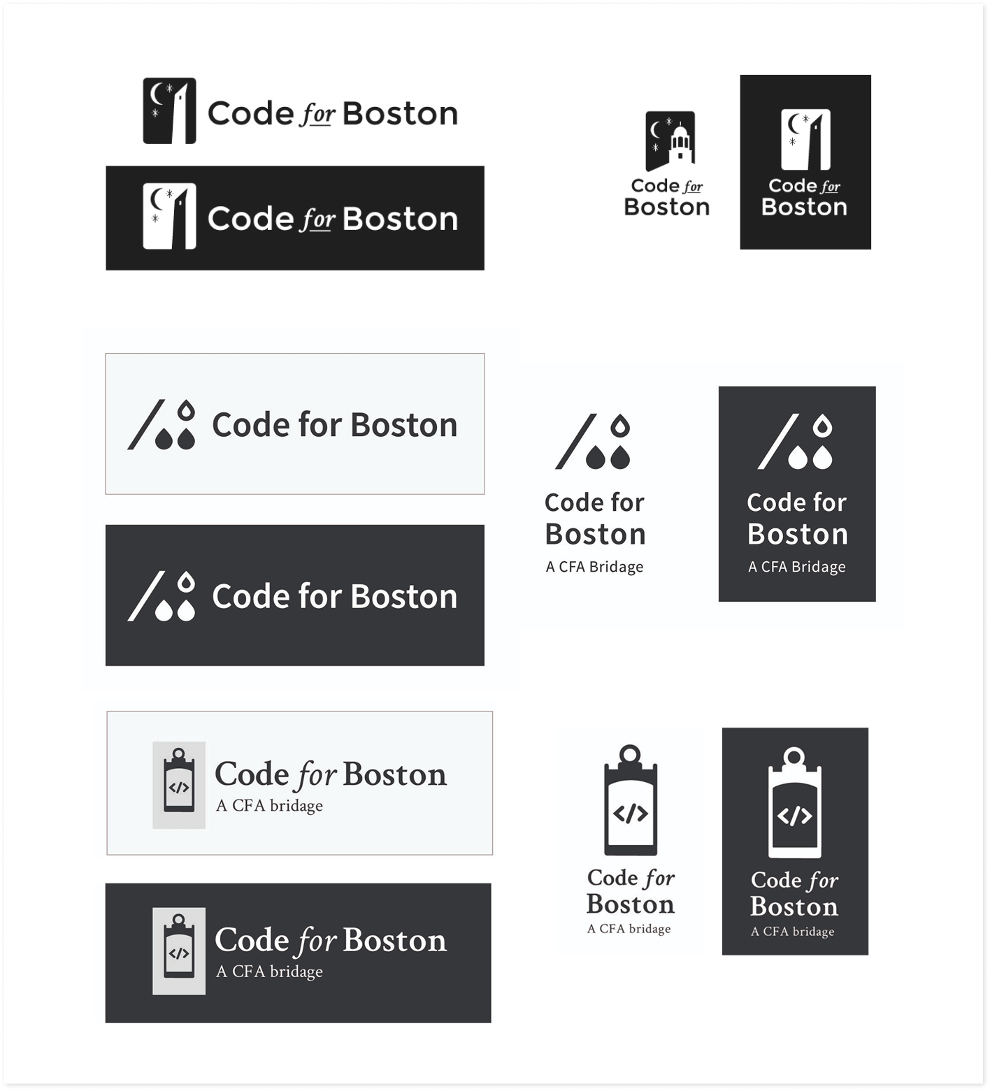 A set of three logo concepts for Code for Boston. First, a series of logo marks using imagery of Bunker Hill Monument and Faneuil Hall. Second, a series with a forward slash and three simplified flame icons, one empty and two filled in. And finally, a series with a oil lantern with closing HTML brackets inside.