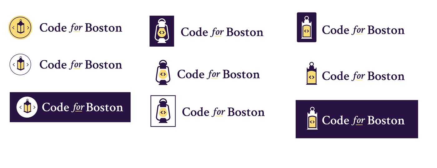 A set of three Code for Boston logos, all variations of the lantern concept.