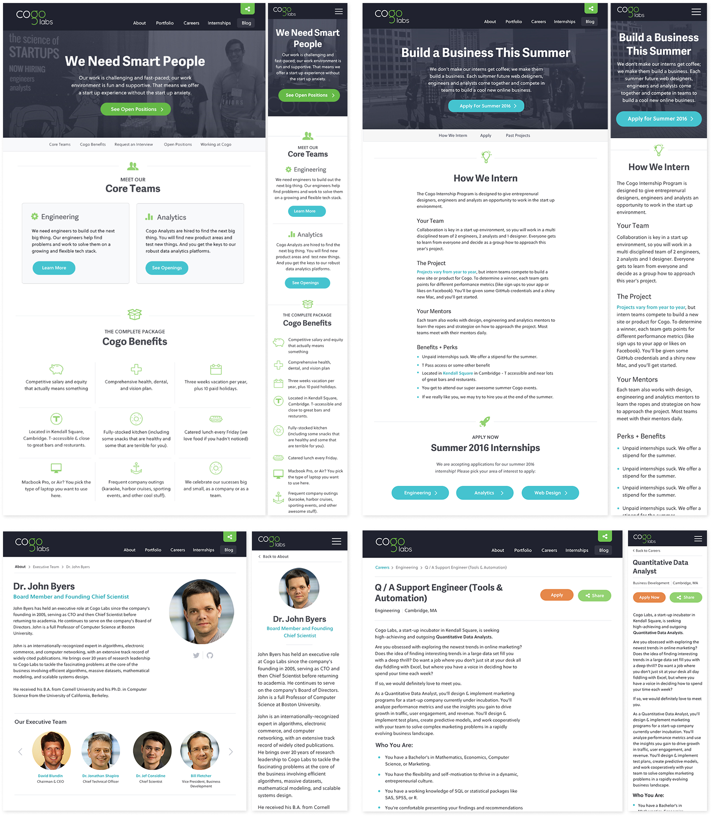 Desktop and mobile mockups for the Cogo Labs site. They show four pages: individual job listings, job filters, blog listings and blog posts.