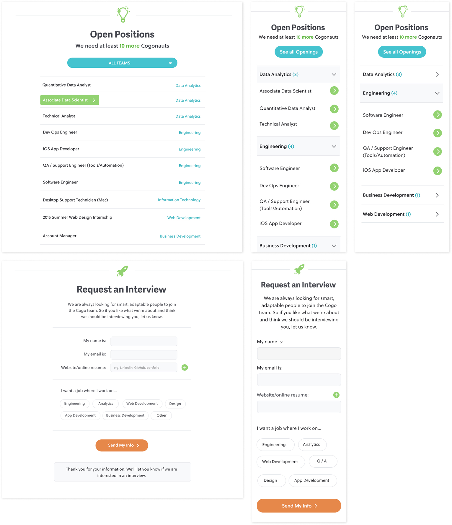 Desktop and mobile screens of two micro interactions - how jobs appear on the site, and a form to request an interview.