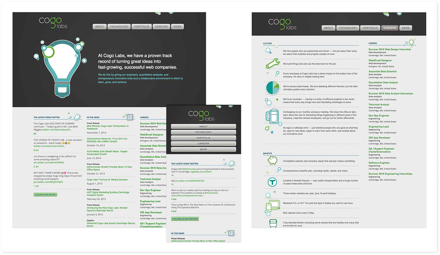 Snapshots of the old Cogo Labs home page and careers page, including what the site looks like on mobile.