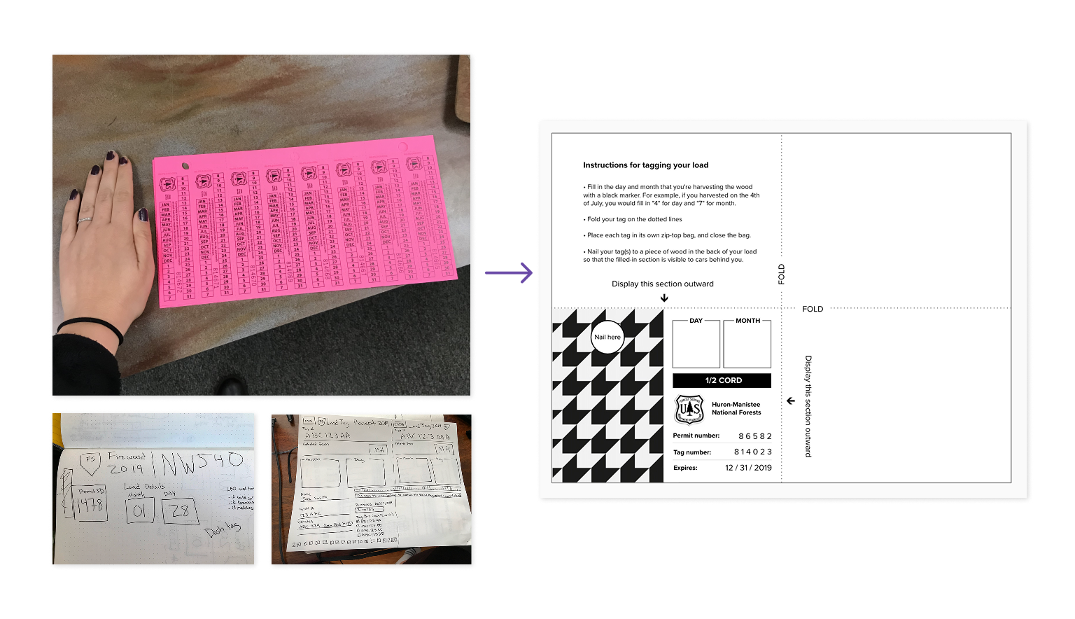 A collage of load tag photos and sketches.