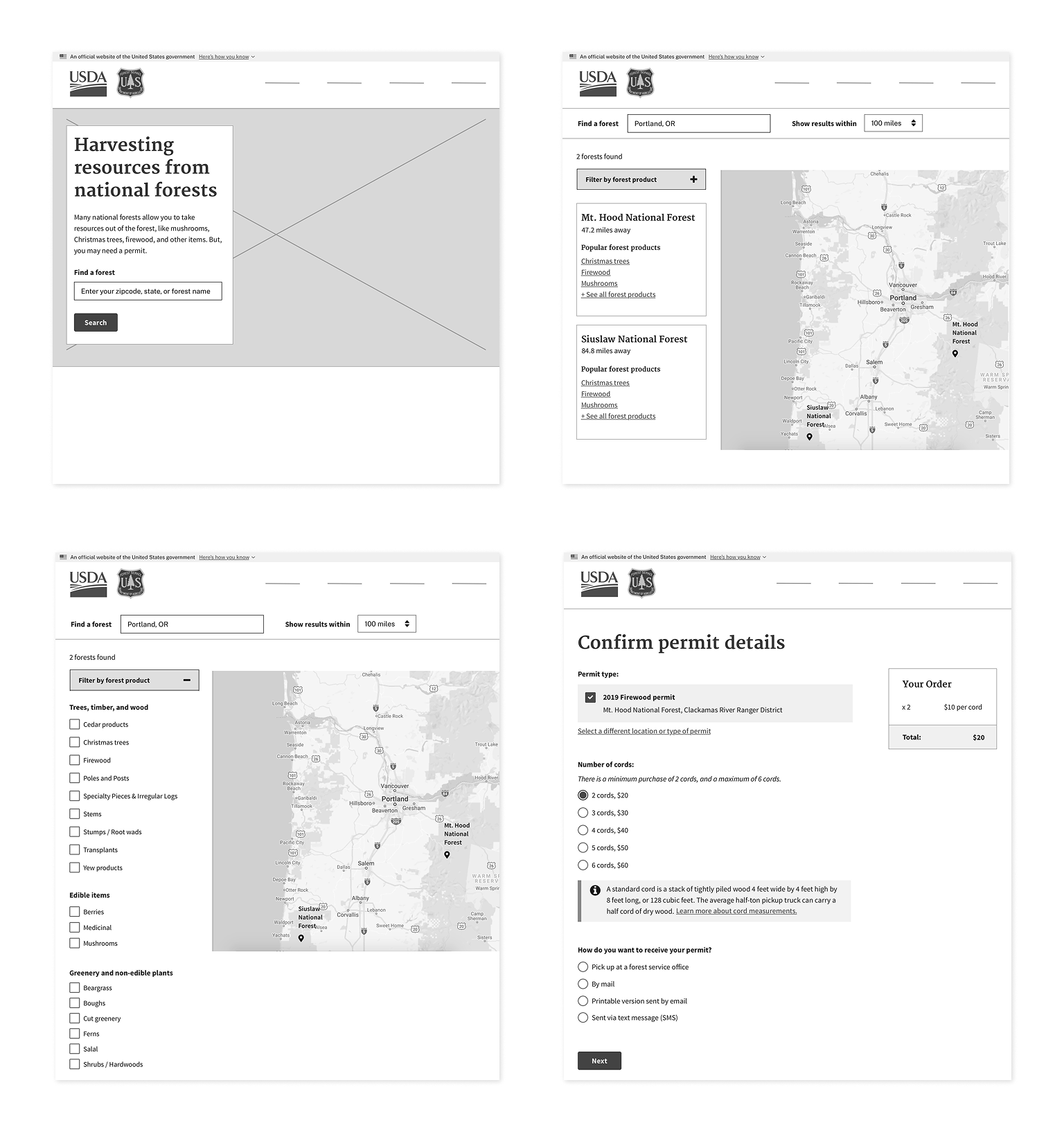 Mockups of web pages for selecting a forest and purchasing a permit