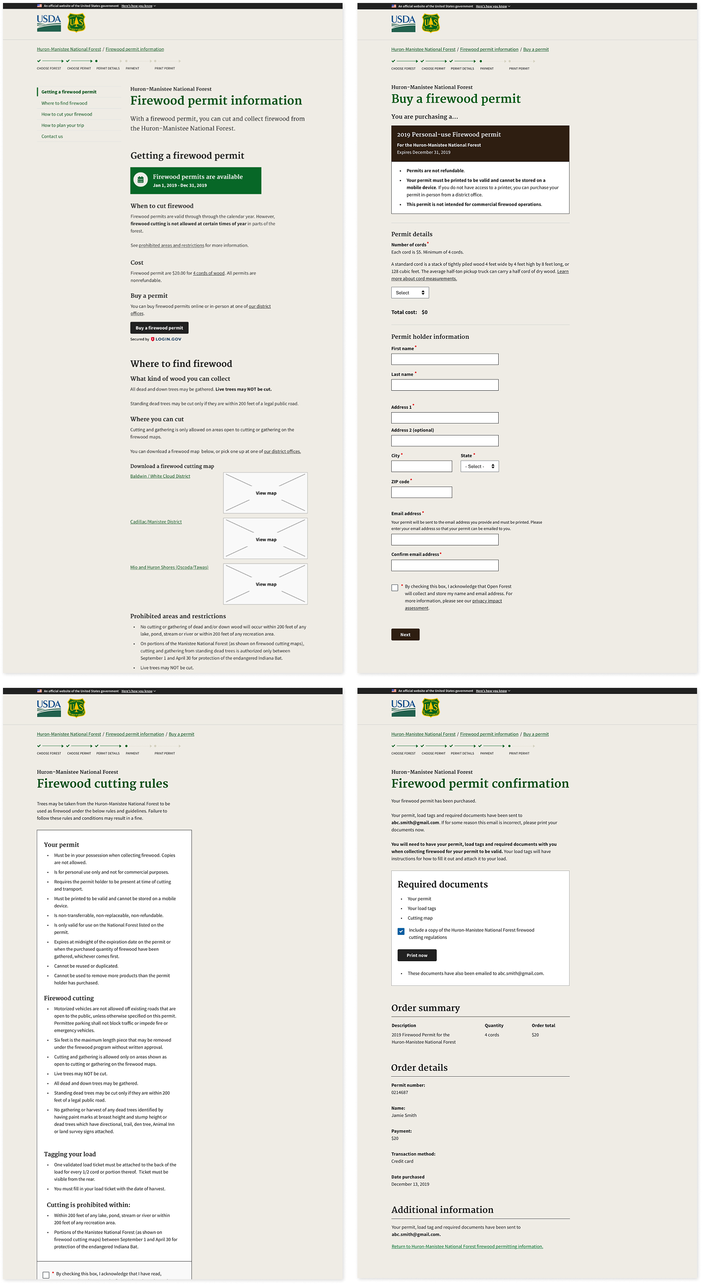 Four screens showing the flow of an online firewood permitting prototype.