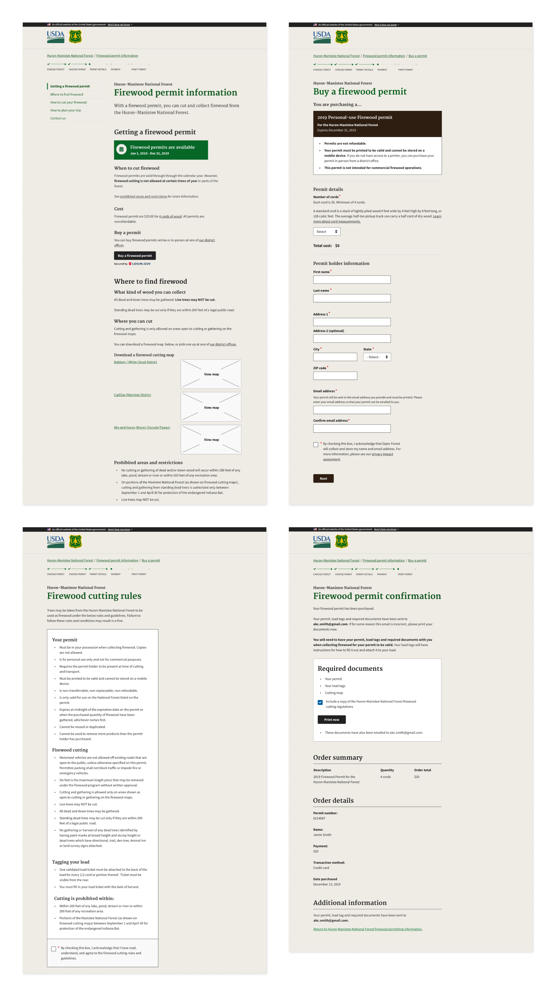 Four screens showing the flow of an online firewood permitting prototype
