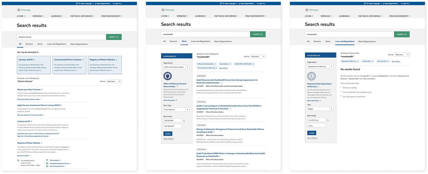Mockups of a desktop search interaction, with tabs at the top to filter results by category