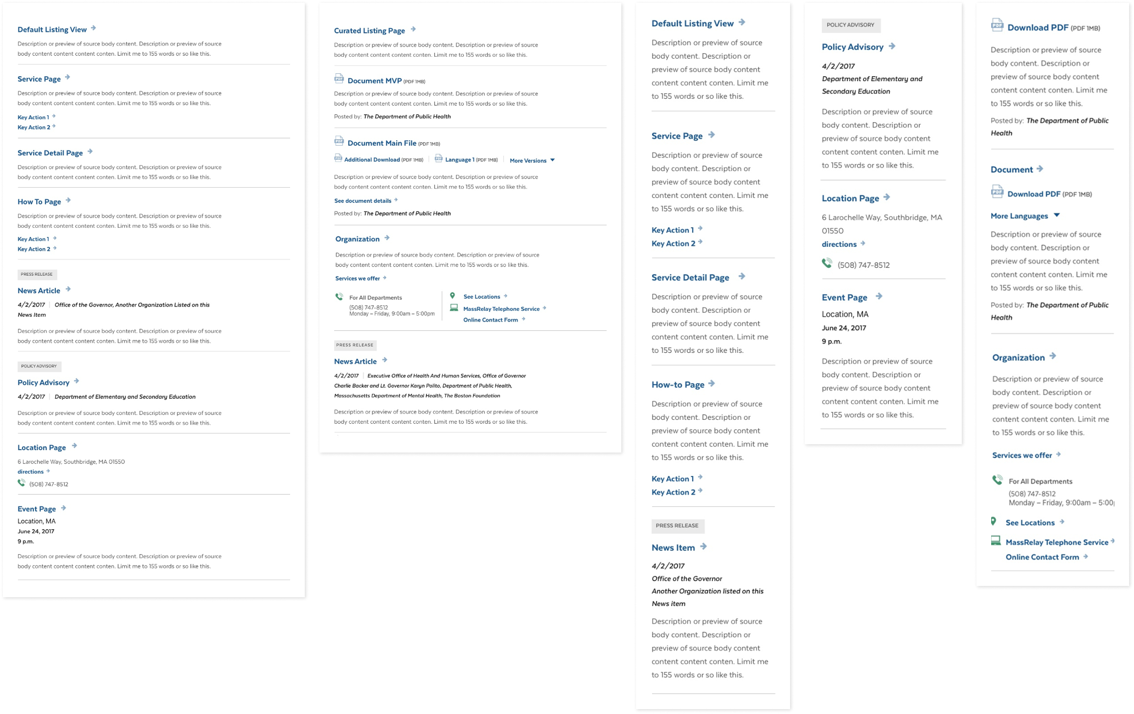 Desktop and mobile mockups of rich search results for different types of pages, including events, organizations, services, and documents.
