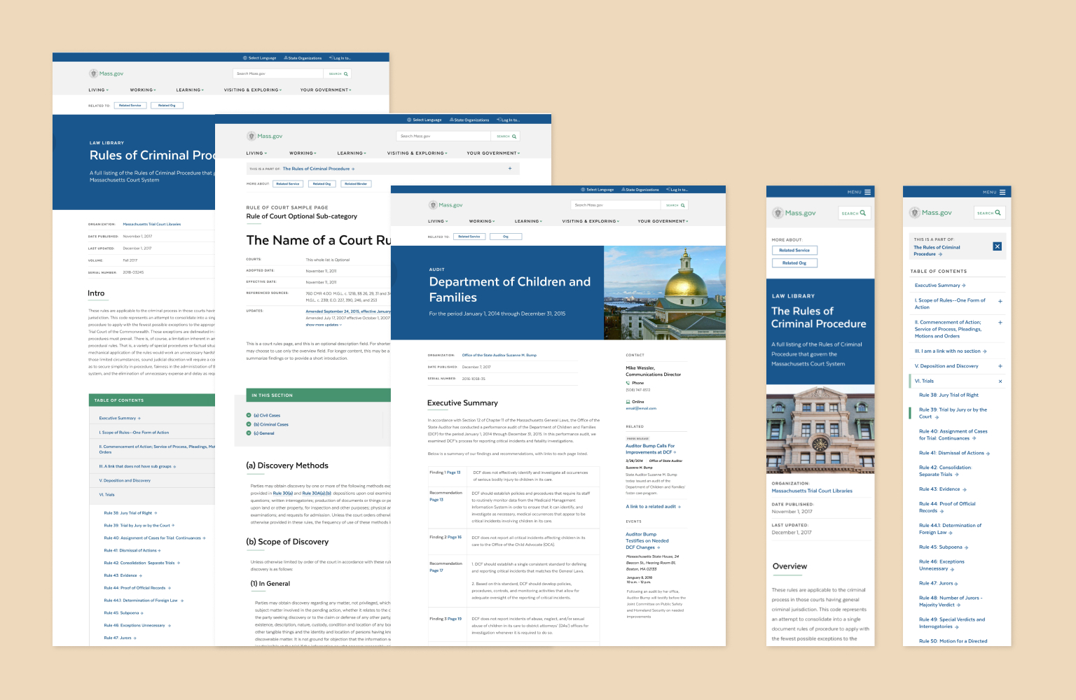 A set of website mockups showing how regulatory and policy content appears on Mass.gov. Three show desktop views for how a template could adapt to various types of content, and two show mobile page display and navigation. 