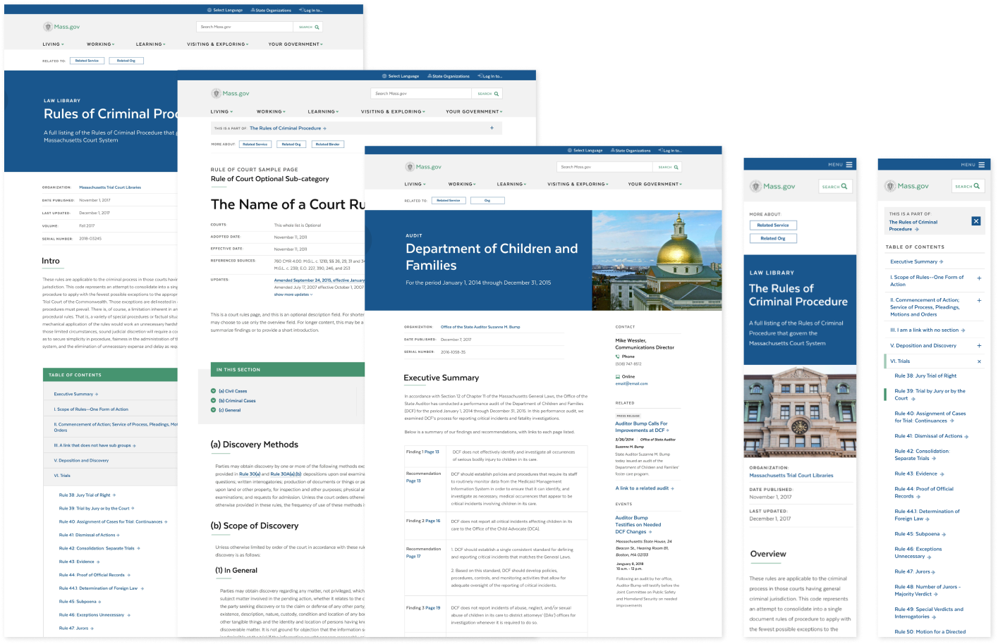 A set of website mockups showing how regulatory and policy content appears on Mass.gov. Three show desktop views for how a template could adapt to various types of content, and two show mobile page display and navigation.