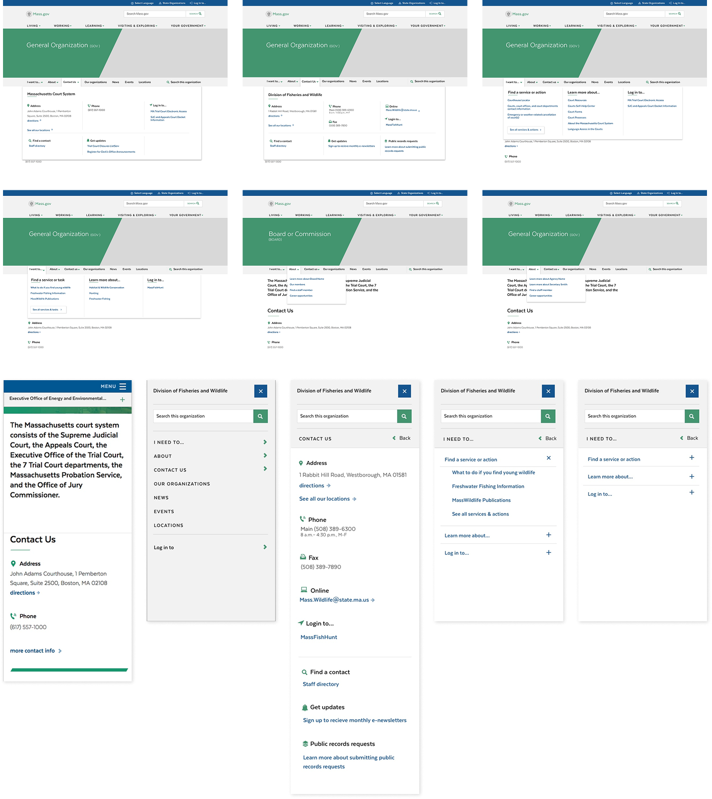 A series of design mockups showing a Mass.gov organization page with an opened sub navigation pattern on desktop and mobile.