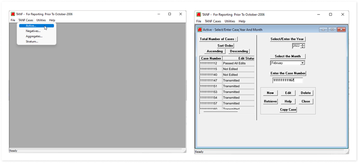 Screens from a legacy helper tool used by grantees to create reports