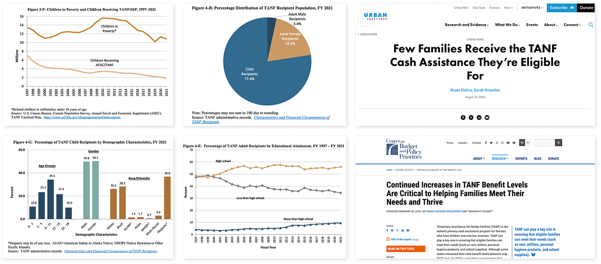 A collage showing a series of charts showing TANF caseload and characteristic data, and new stories from policy think tanks that use TANF data.