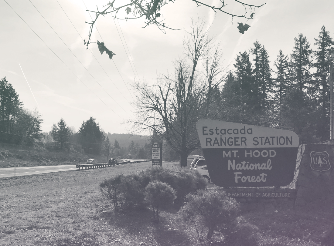 A sign for the Estacada ranger station in Mt Hood National Forest, with a winding rural road off to the side.